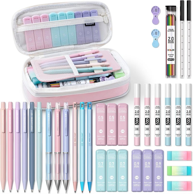 Four Candies 36PCS Aesthetic School Supplies, Mechanical Pencils 0.5mm, 0.7mm, 0.9mm & 2.0mm with 624PCS Lead Refills, Cute Mechanical Pencils for Writing, Drawing & Drafting (Pink) - Image 1